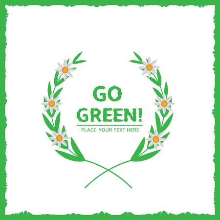 Go green text with green laurels and flowers. Vector illustrationのイラスト素材