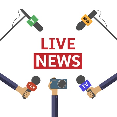 Hands of journalists with microphones and camera, journalism concept. Flat style. Vector illustration.のイラスト素材