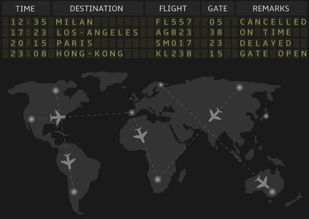 Vector airport departure board with timetable of airliner flights. Business travel and airline transportation concept.のイラスト素材