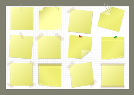 Yellow paper sticker set with pin, paper clip and sticky tapeのイラスト素材