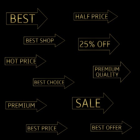 Golden arrows with text. Best, half price, best shop, hot price, premium quality, best choice, premium, best price, best offer. Marketing, shopping conceptのイラスト素材