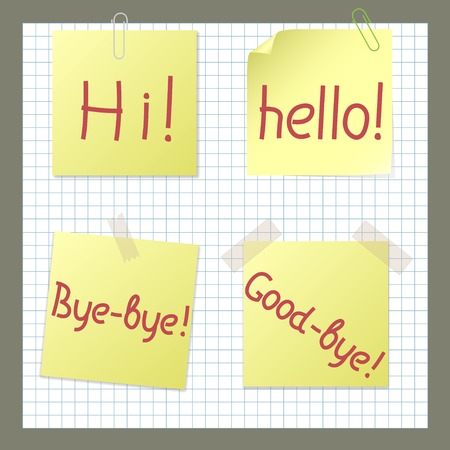 Yellow paper sticker set with pin, paper clip and sticky tape. Greeting and parting textのイラスト素材