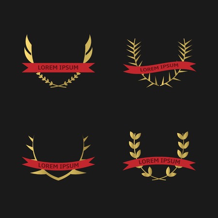 Vector golden laurel wreath with red ribbon icon set. Victory, champions, winner concept.のイラスト素材