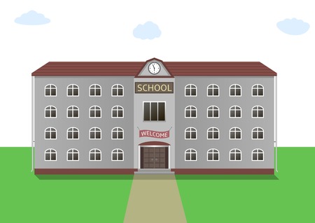 School building with clock and welcome banner. Back to schoolのイラスト素材