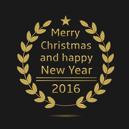Merry Christmas and Happy New Year 2016 label. Golden laurel wreathのイラスト素材