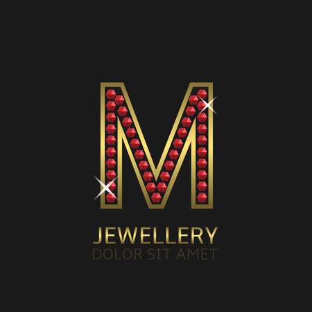 Golden Letter M  with red precious stones. Luxury, royal concept. Vector illustrationのイラスト素材