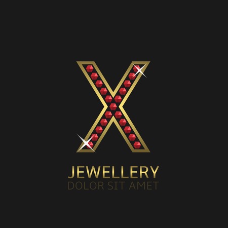 Golden Letter X  with red precious stones. Luxury, royal concept. Vector illustrationのイラスト素材