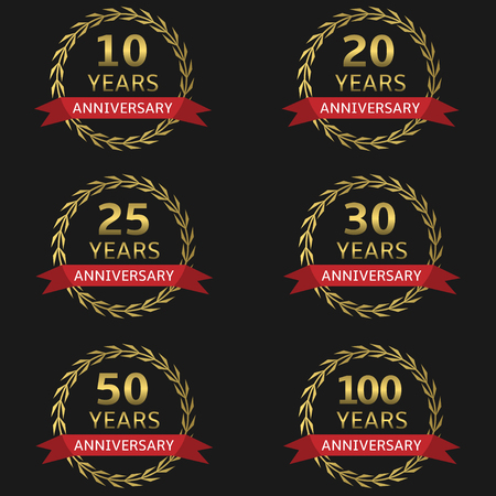 Golden Anniversary label set with red ribbons. Vector illustrationのイラスト素材