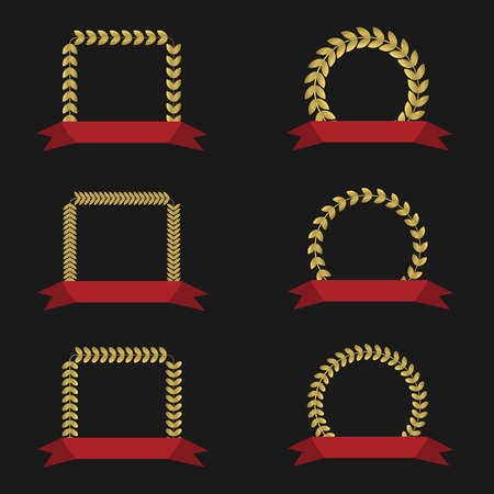 Golden label set with red ribbons. Best, victory, success, award conceptのイラスト素材