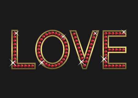 Love luxury golden text with red gemstones, Valentine's day. Vector illustrationのイラスト素材