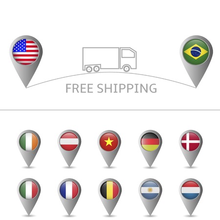 Free shipping map with flag marker setのイラスト素材