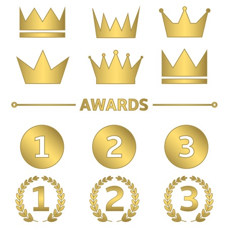 Golden award set. First, second and third place symbols with laurel wreath. Crown setのイラスト素材