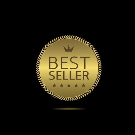 Golden label with laurel wreath, stars and crown. Best seller signのイラスト素材