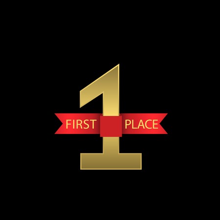 Golden First place symbol with red ribbon. Number one. Champion, winner, leader symbol. Vector illustrationのイラスト素材