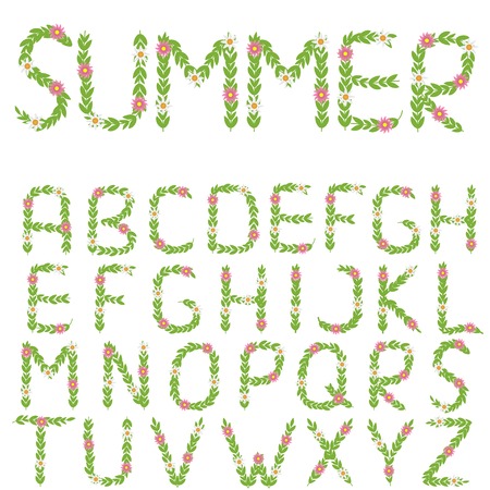 Green summer letters. Green alphabet. Green letters with flowersのイラスト素材