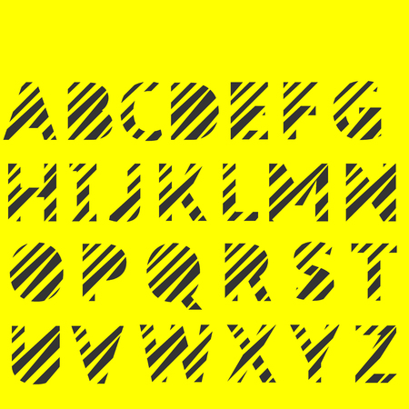 Striped alphabet. Abstract font. Black letters on yellow backgroundのイラスト素材