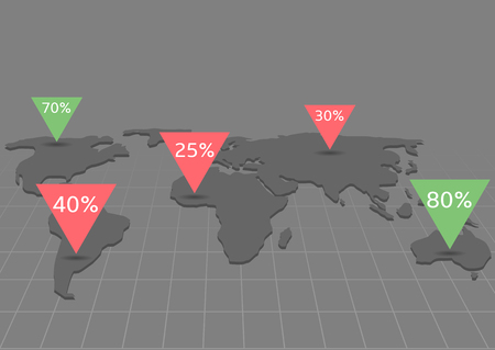 World map infographic. Grey earth. World map with green and red triangular pointers with white numbersのイラスト素材
