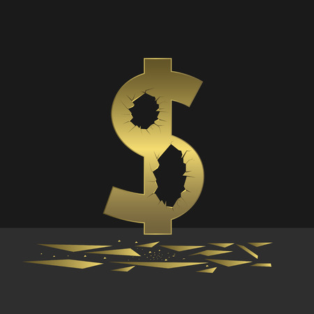 Cracked Dollar sign. Golden dollar symbol with holes and cracksのイラスト素材