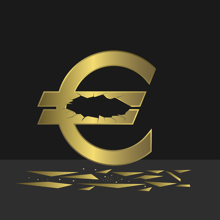 Cracked Euro sign. Golden euro symbol with holes and cracksのイラスト素材