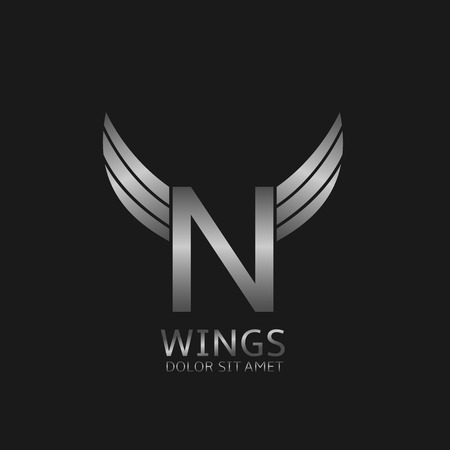 N letter. Silver wings symbol. Silver N letter template for air companyのイラスト素材