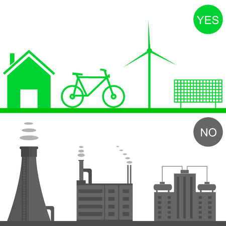 Environmental pollution illustration. Green house, solar panel, green bicycle, wind energy system. Toxic waste. Heavy industryのイラスト素材