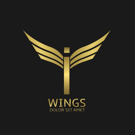 Wings I letter. Golden creative alphabet, air emblemのイラスト素材