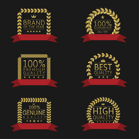 Golden laurel wreath badge set with red ribbons Premium quality Best quality Quality guaranteed Genuine quality Brand of the yearのイラスト素材