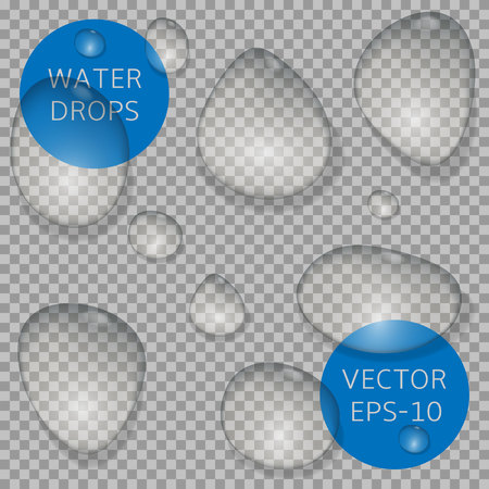 Water drop set on transparent backdrop. Vector illustrationのイラスト素材