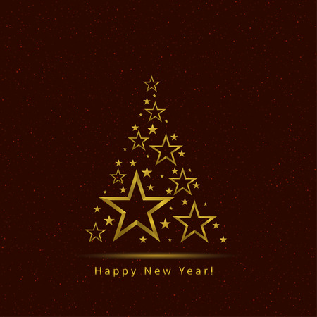 Golden Christmas tree. Happy New Year, Golden stars decorationのイラスト素材