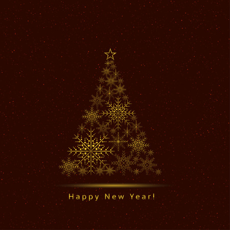 Golden Christmas tree. Happy New Year, Golden snowflake decorationのイラスト素材