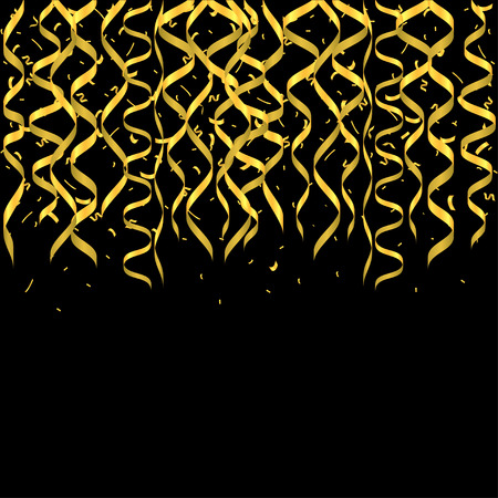 Golden flying confetti background. Festive ribbons holiday backgroundのイラスト素材