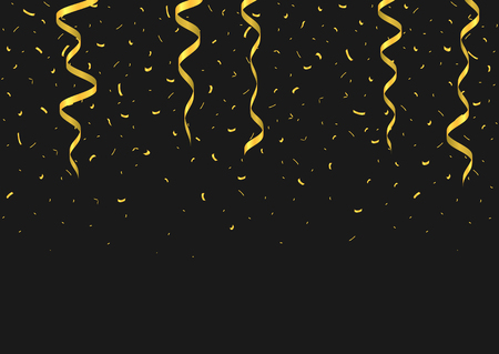 Golden flying confetti background. Festive ribbons holiday backgroundのイラスト素材