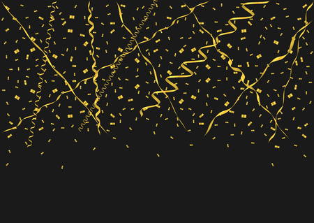 Golden flying confetti background. Festive ribbons holiday backgroundのイラスト素材