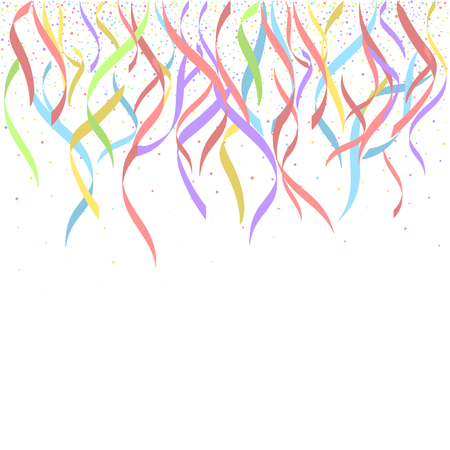 Colorful ribbons and confetti pieces on white background. Holiday party decoration backdrop, Vector illustrationのイラスト素材