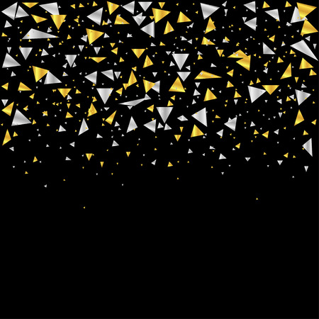 Golden and silver ribbons festive background. Abstract black backdrop with many falling tiny confetti pieces. Vector illustrationのイラスト素材