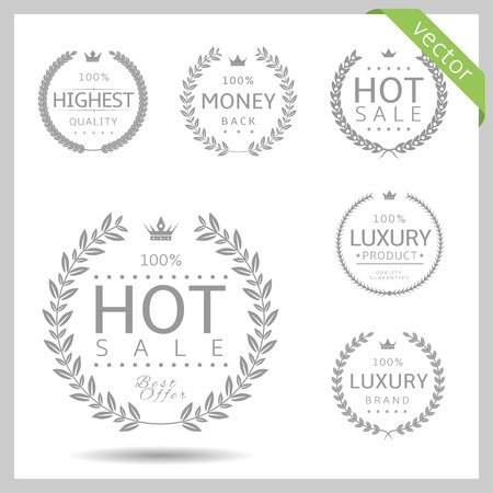 Laurel wreath label badge set isolated. Hot sale, highest quality, luxury, money back. Vector illustrationのイラスト素材