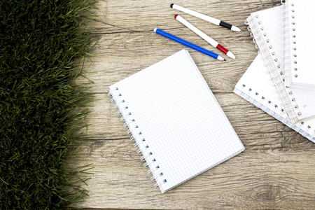 notebook on wooden board with marker pen beside the grassの写真素材