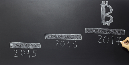 drawn by hand steps with bitcoin symbol years 2015 2016 2017の写真素材