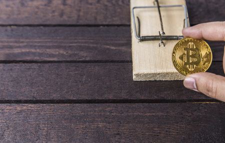 wooden mouse trap and man holds frontside of bitcoin on wooden backgroundの写真素材