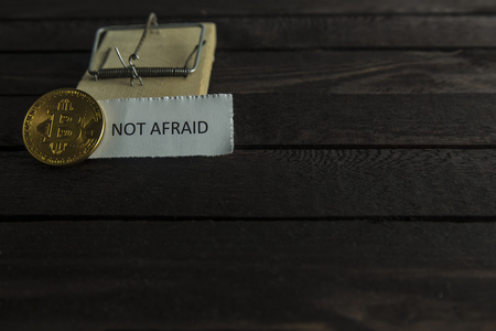 mouse trap, frontside of bitcoin and the word not afraidの写真素材