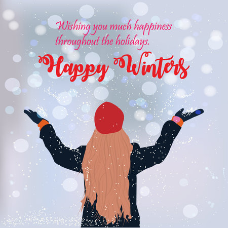happy winter flat young girl character in snow scene. vector illustration. holiday season vacation web banner.のイラスト素材