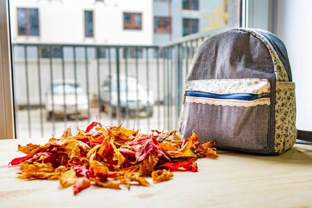 A backpack lying on a wooden table, next to many autumn leavesの写真素材