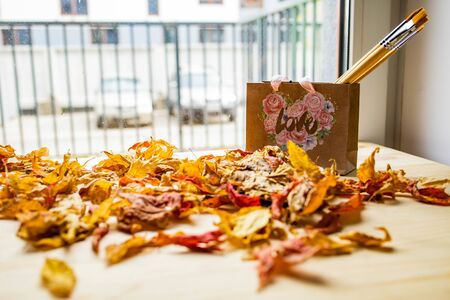 Art concept of autumn composition. Paper bag with brushes next to dried leaves on a wooden tableの写真素材