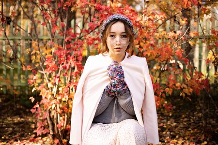 Beautiful elegant girl standing in a park in autumn against a background of red leaves. Warmly dressed woman in autumnの写真素材