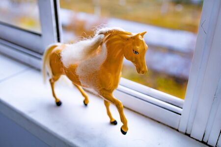 Beautiful little red horse figurine standing at the windowの写真素材