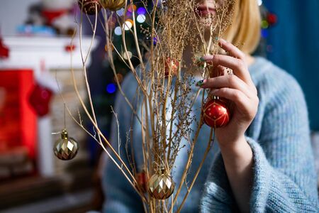 The girl touches the hand of a dry plant on which the Christmas tree toys are hungの写真素材