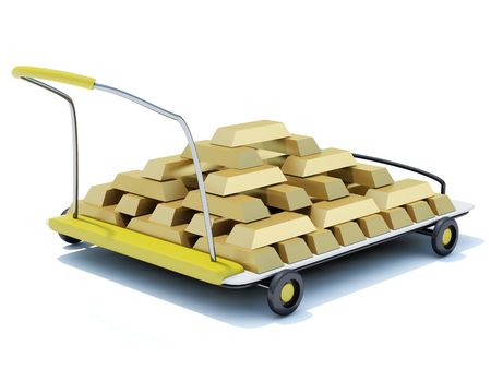 Hand cart with gold isolated on whiteの写真素材