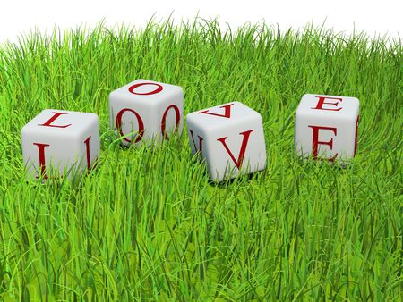 Red letters Love on bricks on green grassの写真素材