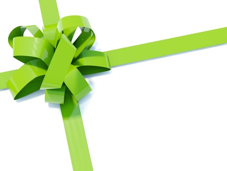 Big green bow with ribbons isolated on whiteの写真素材