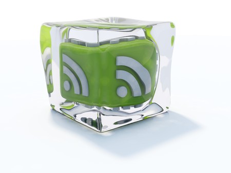 Green rss icon frozen in ice cube isolated on white